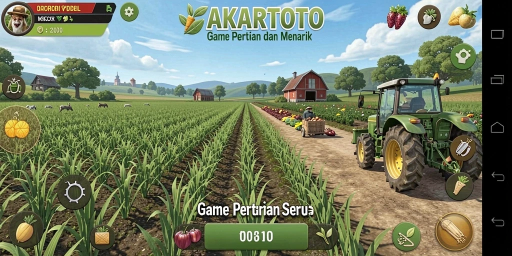 Tangkapan layar gameplay AKARTOTO yang menampilkan ladang yang subur.