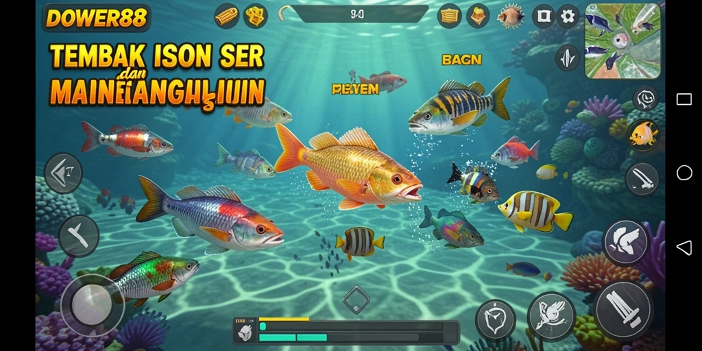 Gameplay seru DOWER88 dengan berbagai ikan dan senjata.