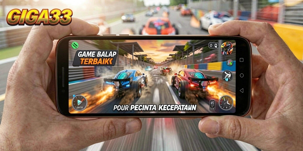 Screenshot dari GIGA33 menampilkan aksi balap yang cepat dan intens.