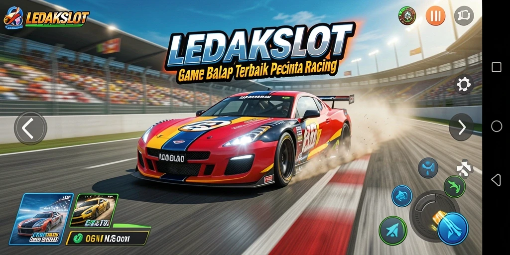 Tampilan gameplay LEDAKSLOT dengan mobil balap yang cepat.