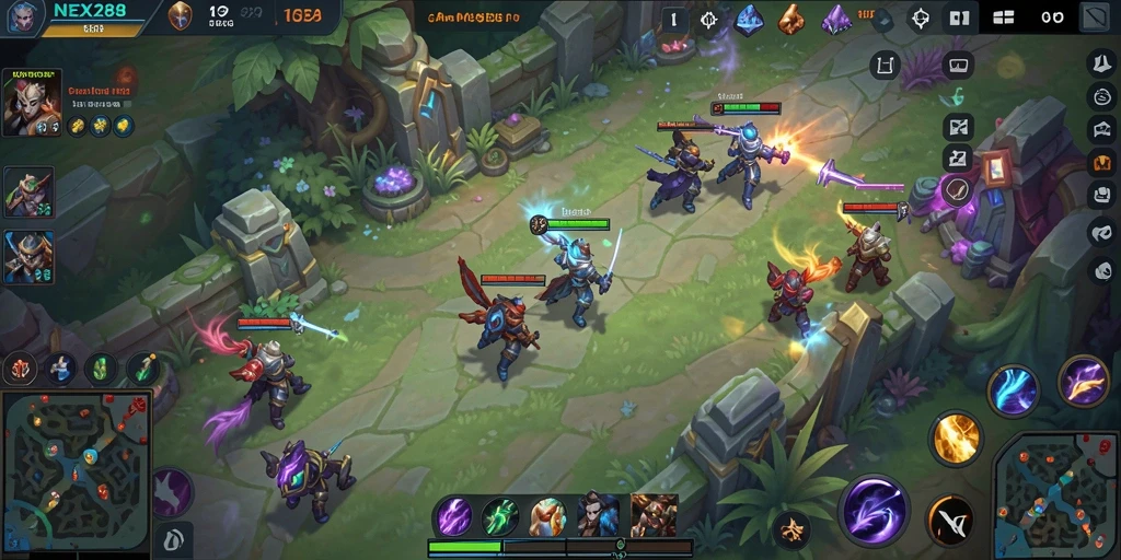 Screenshot gameplay <strong>NEX288</strong> menampilkan aksi seru dalam pertarungan tim MOBA.
