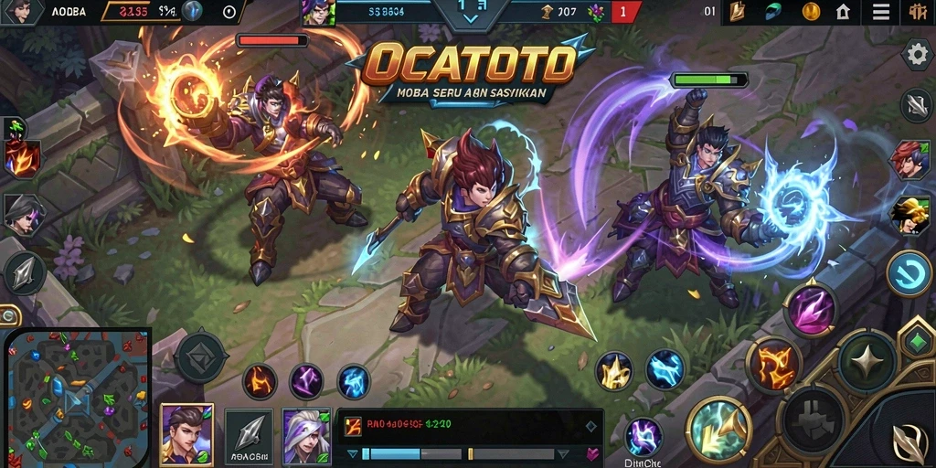 Screenshot gameplay MOBA OCATOTO yang menampilkan aksi pertarungan.