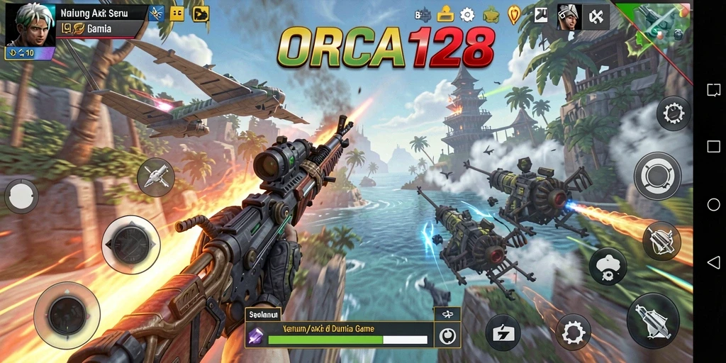 Screenshot gameplay ORCA128 menampilkan aksi seru di tengah pertempuran.