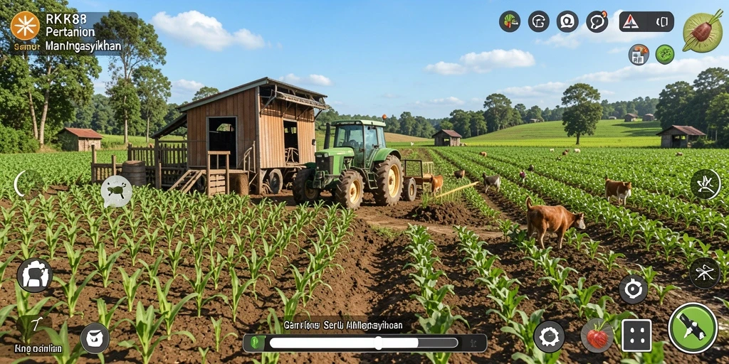Screenshot gameplay RK88 menampilkan pemandangan ladang yang indah.