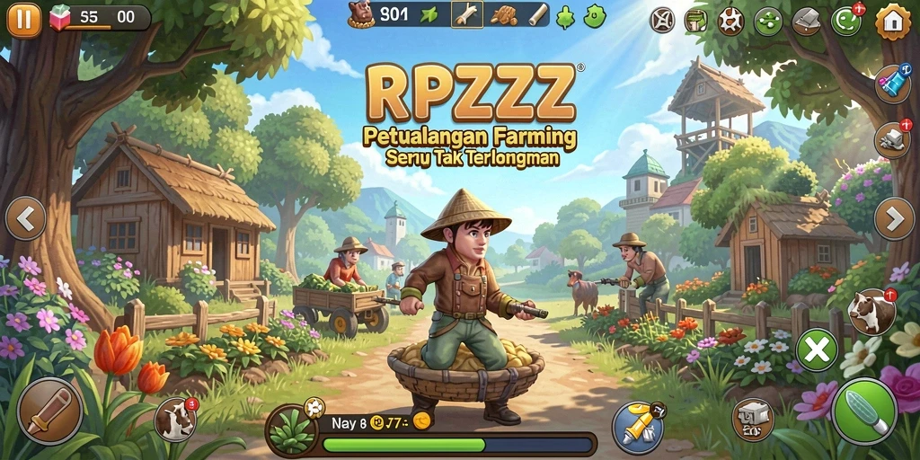 Screenshot gameplay RPZZZ yang menunjukkan kebun hijau yang subur.