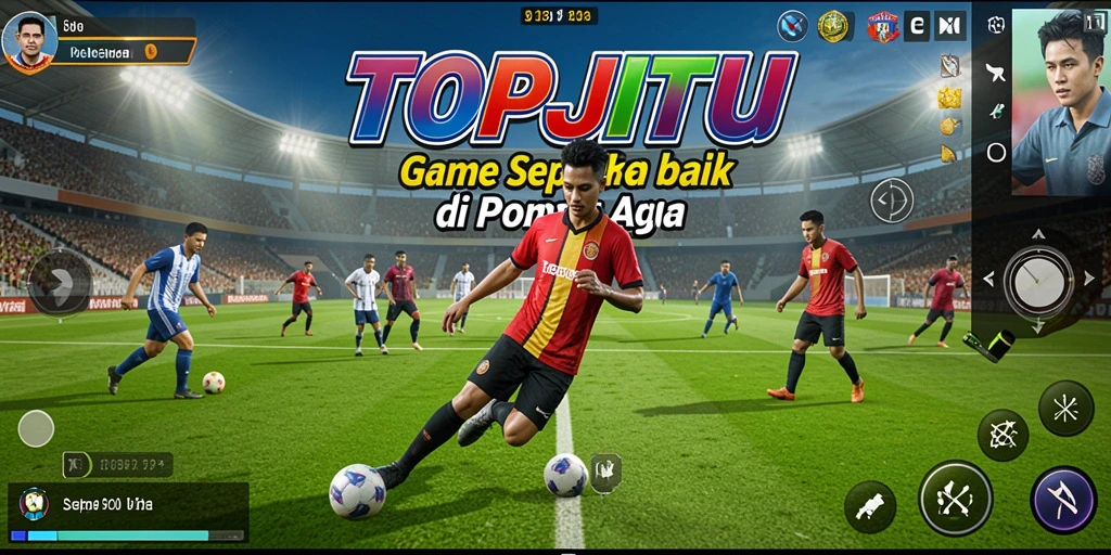 Tampilan permainan TOPJITU yang menampilkan aksi sepak bola seru.